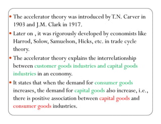 The accelerator theory was introduced byT.N. Carver in
1903 d J M Cl k i 19171903 and J.M. Clark in 1917.
Later on , it was rigorously developed by economists like
Harrod, Solow, Samuelson, Hicks, etc. in trade cycle
theory.
The accelerator theory explains the interrelationship
between customer goods industries and capital goods
industries in an economy.
It states that when the demand for consumer goodsg
increases, the demand for capital goods also increase, i.e.,
there is positive association between capital goods andp p g
consumer goods industries.
 