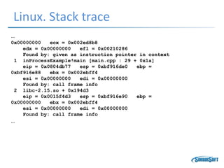 Linux. Stack trace
…
0x00000000 ecx = 0x002ed8b8
edx = 0x00000000 efl = 0x00210286
Found by: given as instruction pointer in context
1 inProcessExample!main [main.cpp : 29 + 0x1a]
eip = 0x0804db77 esp = 0xbf916de0 ebp =
0xbf916e88 ebx = 0x002ebff4
esi = 0x00000000 edi = 0x00000000
Found by: call frame info
2 libc-2.15.so + 0x194d3
eip = 0x0015f4d3 esp = 0xbf916e90 ebp =
0x00000000 ebx = 0x002ebff4
esi = 0x00000000 edi = 0x00000000
Found by: call frame info
…
 