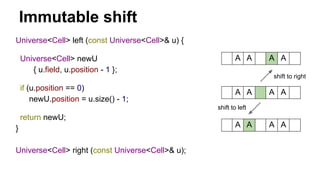 Immutable shift
A A A A
Universe<Cell> left (const Universe<Cell>& u) {
Universe<Cell> newU
{ u.field, u.position - 1 };
if (u.position == 0)
newU.position = u.size() - 1;
return newU;
}
Universe<Cell> right (const Universe<Cell>& u);
A A A A
A A A A
shift to right
shift to left
 