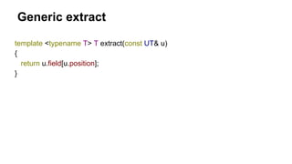 Generic extract
template <typename T> T extract(const UT& u)
{
return u.field[u.position];
}
 