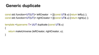 Generic duplicate
const std::function<UT(UT)> leftCreator = [](const UT& u) {return left(u); };
const std::function<UT(UT)> rightCreator = [](const UT& u) {return right(u); };
template <typename T> UUT duplicate (const UT& u)
{
return makeUniverse (leftCreator, rightCreator, u);
}
 