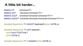 A little bit harder...
#define UT Universe<T>
#define UUT Universe<Universe<T>>
#define UUUT Universe<Universe<Universe<T>>>
#define UUUUT Universe<Universe<Universe<Universe<T>>>>
template <typename T> UUUUT duplicate2 (const UUT& u)
template <typename T> UUT extend2 (
const func<T(UUT)>& f,
const UUT& u)
template <typename T> T extract2 (const UUT& u)
 