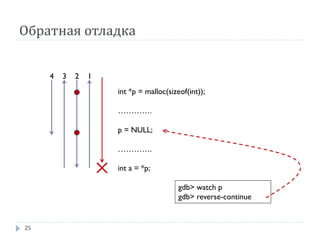 Обратная отладка
25
int *p = malloc(sizeof(int));
………….
p = NULL;
………….
int a = *p;
gdb> watch p
gdb> reverse-continue
1234
 