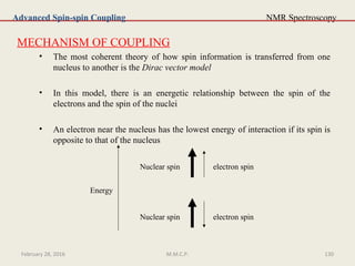 NMR Spectroscopy
MECHANISM OF COUPLING
• The most coherent theory of how spin information is transferred from one
nucleus to another is the Dirac vector model
• In this model, there is an energetic relationship between the spin of the
electrons and the spin of the nuclei
• An electron near the nucleus has the lowest energy of interaction if its spin is
opposite to that of the nucleus
Advanced Spin-spin Coupling
Nuclear spin electron spin
Energy
Nuclear spin electron spin
February 28, 2016 130M.M.C.P.
 