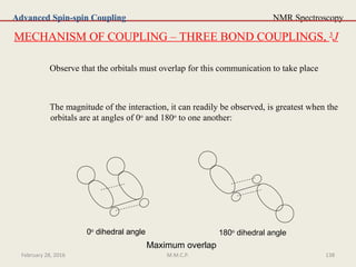 NMR SpectroscopyAdvanced Spin-spin Coupling
0o
dihedral angle
MECHANISM OF COUPLING – THREE BOND COUPLINGS, 3
J
Observe that the orbitals must overlap for this communication to take place
The magnitude of the interaction, it can readily be observed, is greatest when the
orbitals are at angles of 0o
and 180o
to one another:
0o
dihedral angle 180o
dihedral angle
February 28, 2016 138M.M.C.P.
Maximum overlap
 