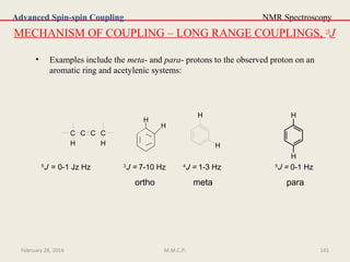 NMR Spectroscopy
MECHANISM OF COUPLING – LONG RANGE COUPLINGS, ≥4
J
• Examples include the meta- and para- protons to the observed proton on an
aromatic ring and acetylenic systems:
Advanced Spin-spin Coupling
H
H
C C C C
H H
5
J = 0-1 Jz Hz 3
J = 7-10 Hz 4
J = 1-3 Hz 5
J = 0-1 Hz
H
H
February 28, 2016 141M.M.C.P.
H
H
ortho meta para
 