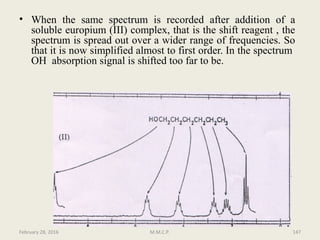 • When the same spectrum is recorded after addition of a
soluble europium (III) complex, that is the shift reagent , the
spectrum is spread out over a wider range of frequencies. So
that it is now simplified almost to first order. In the spectrum
OH absorption signal is shifted too far to be.
February 28, 2016 147M.M.C.P.
 