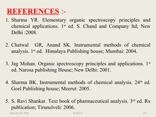 REFERENCES :-
1. Sharma YR. Elementary organic spectroscopy principles and
chemical applications. 1st
ed. S. Chand and Company ltd; New
Delhi :2008.
2. Chatwal GR, Anand SK. Instrumental methods of chemical
analysis. 1st
ed. Himalaya Publishing house; Mumbai: 2004.
3. Jag Mohan. Organic spectroscopy principles and applications. 1st
ed. Narosa publishing House; New Delhi: 2001.
4. Sharma BK. Instrumental methods of chemical analysis. 24th
ed.
Goel Publishing house; Meerut: 2005.
5. S. Ravi Shankar. Text book of pharmaceutical analysis. 3rd
ed. Rx
publication; Tirunelveli: 2006.
February 28, 2016 151M.M.C.P.
 