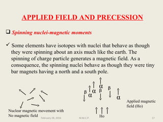 ᵦ α
ᵦ
α
α
α
ᵦ
Nuclear magnetic movement with
No magnetic field
Applied magnetic
field (Ho)
Ho
APPLIED FIELD AND PRECESSION
 Spinning nuclei-magnetic moments
 Some elements have isotopes with nuclei that behave as though
they were spinning about an axis much like the earth. The
spinning of charge particle generates a magnetic field. As a
consequence, the spinning nuclei behave as though they were tiny
bar magnets having a north and a south pole.
February 28, 2016 17M.M.C.P.
 