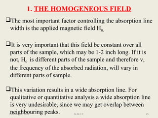 1. THE HOMOGENEOUS FIELD
The most important factor controlling the absorption line
width is the applied magnetic field H0.
It is very important that this field be constant over all
parts of the sample, which may be 1-2 inch long. If it is
not, H0 is different parts of the sample and therefore v,
the frequency of the absorbed radiation, will vary in
different parts of sample.
This variation results in a wide absorption line. For
qualitative or quantitative analysis a wide absorption line
is very undesirable, since we may get overlap between
neighbouring peaks.February 28, 2016 25M.M.C.P.
 
