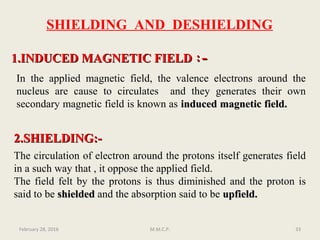 1.INDUCED MAGNETIC FIELD1.INDUCED MAGNETIC FIELD :-:-
In the applied magnetic field, the valence electrons around the
nucleus are cause to circulates and they generates their own
secondary magnetic field is known as induced magnetic field.induced magnetic field.
2.SHIELDING:-2.SHIELDING:-
The circulation of electron around the protons itself generates field
in a such way that , it oppose the applied field.
The field felt by the protons is thus diminished and the proton is
said to be shieldedshielded and the absorption said to be upfield.upfield.
February 28, 2016 33M.M.C.P.
SHIELDING AND DESHIELDING
 