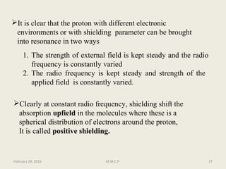 It is clear that the proton with different electronic
environments or with shielding parameter can be brought
into resonance in two ways
1. The strength of external field is kept steady and the radio
frequency is constantly varied
2. The radio frequency is kept steady and strength of the
applied field is constantly varied.
Clearly at constant radio frequency, shielding shift the
absorption upfield in the molecules where these is a
spherical distribution of electrons around the proton,
It is called positive shielding.
February 28, 2016 37M.M.C.P.
 