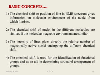 BASIC CONCEPTS….BASIC CONCEPTS….
1) The chemical shift or position of line in NMR spectrum gives
information on molecular environment of the nuclei from
which it arises.
2) The chemical shift of nuclei in the different molecules are
similar. If the molecular magnetic environment are similar.
3) The intensity of lines gives directly the relative number of
magnetically active nuclei undergoing the different chemical
shift.
4) The chemical shift is used for the identification of functional
groups and as an aid in determining structural arrangement of
groups.
February 28, 2016 51M.M.C.P.
 
