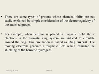 • There are some types of protons whose chemical shifts are not
easily explained by simple consideration of the electronegativity of
the attached groups.
• For example, when benzene is placed in magnetic field, the π
electrons in the aromatic ring system are induced to circulate
around the ring. This circulation is called as Ring current. The
moving electrons generate a magnetic field which influence the
shielding of the benzene hydrogens.
February 28, 2016 61M.M.C.P.
 