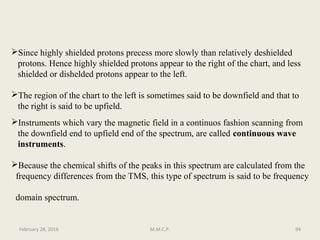 Instruments which vary the magnetic field in a continuos fashion scanning from
the downfield end to upfield end of the spectrum, are called continuous wave
instruments.
Because the chemical shifts of the peaks in this spectrum are calculated from the
frequency differences from the TMS, this type of spectrum is said to be frequency
domain spectrum.
Since highly shielded protons precess more slowly than relatively deshielded
protons. Hence highly shielded protons appear to the right of the chart, and less
shielded or dishelded protons appear to the left.
The region of the chart to the left is sometimes said to be downfield and that to
the right is said to be upfield.
94February 28, 2016 M.M.C.P.
 