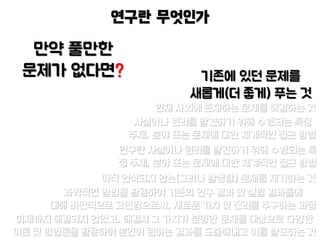 연구란 무엇인가
기존에 있던 문제를
새롭게(더 좋게) 푸는 것
현재 사회에 존재하는 문제를 해결하는 것
아직 인식되지 않는(그러나 발생할) 문제를 제기하는 것
사실이나 원리를 발견하기 위해 수행되는 특정
주제, 분야 또는 문제에 대한 체계적인 접근 방법
연구란 사실이나 원리를 발견하기 위해 수행되는 특
정 주제, 분야 또는 문제에 대한 체계적인 접근 방법
이제까지 해결되지 않았고, 해결시 그 가치가 분명한 문제를 대상으로 다양한
이론 및 방법론을 활용하여 본인이 원하는 결과를 도출해내고 이를 발표하는 것
과학적인 방법을 활용하여 기존의 연구 결과 및 실험 결과들에
대해 비판적으로 고민함으로써, 새로운 가치 및 진리를 추구하는 과정
만약 풀만한
문제가 없다면?
 