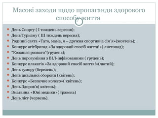Масові заходи щодо пропаганди здорового
способу життя
 День Спорту ( І тиждень вересня);
 День Туризму ( ІІІ тиждень вересня);
 Родинні свята «Тато, мама, я – дружня спортивна сім’я»(жовтень);
 Конкурс агітбригад «За здоровий спосіб життя!»( листопад);
 “Козацькі розваги”(грудень);
 День порозуміння з ВІЛ-інфікованими ( грудень);
 Конкурс плакатів «За здоровий спосіб життя!»(лютий);
 День гумору (березень);
 День цивільної оборони (квітень);
 Конкурс «Безпечне колесо»( квітень);
 День Здоров’я( квітень);
 Змагання «Юні медики»( травень)
 День лісу (червень).
 