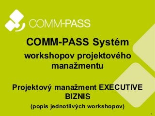 1
COMM-PASS Systém
workshopov projektového
manažmentu
Projektový manažment EXECUTIVE
BIZNIS
(popis jednotlivých workshopov)
 