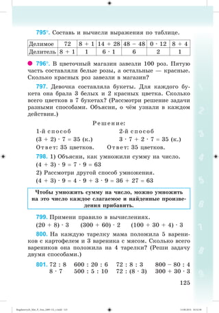 125125
795. Ñîñòàâü è âû÷èñëè âûðàæåíèÿ ïî òàáëèöå.
Äåëèìîå 72 8 + 1 14 + 28 48 – 48 0 · 12 8 + 4
Äåëèòåëü 8 + 1 1 6 · 1 6 2 1
796. Â öâåòî÷íûé ìàãàçèí çàâåçëè 100 ðîç. Ïÿòóþ
÷àñòü ñîñòàâëÿëè áåëûå ðîçû, à îñòàëüíûå — êðàñíûå.
Ñêîëüêî êðàñíûõ ðîç çàâåçëè â ìàãàçèí?
797. Äåâî÷êà ñîñòàâëÿëà áóêåòû. Äëÿ êàæäîãî áó-
êåòà îíà áðàëà 3 áåëûõ è 2 êðàñíûõ öâåòêà. Ñêîëüêî
âñåãî öâåòêîâ â 7 áóêåòàõ? (Ðàññìîòðè ðåøåíèå çàäà÷è
ðàçíûìè ñïîñîáàìè. Îáúÿñíè, î ÷¸ì óçíàëè â êàæäîì
äåéñòâèè.)
Ðåøåíèå:
1-é ñ ï îñîá 2-é ñïîñîá
(3 + 2) · 7 35 (ê.) 3 · 7 + 2 · 7 35 (ê.)
Îòâåò: 35 öâåòêîâ. Îòâåò: 35 öâåòêîâ.
798. 1) Îáúÿñíè, êàê óìíîæèëè ñóììó íà ÷èñëî.
(4 + 3) · 9 7 · 9 63
2) Ðàññìîòðè äðóãîé ñïîñîá óìíîæåíèÿ.
(4 + 3) · 9 4 · 9 + 3 · 9 36 + 27 63
×òîáû óìíîæèòü ñóììó íà ÷èñëî, ìîæíî óìíîæèòü
íà ýòî ÷èñëî êàæäîå ñëàãàåìîå è íàéäåííûå ïðîèçâå-
äåíèÿ ïðèáàâèòü.
799. Ïðèìåíè ïðàâèëî â âû÷èñëåíèÿõ.
(20 + 8) · 3 (300 + 60) · 2 (100 + 30 + 4) · 3
800. Íà êàæäóþ òàðåëêó ìàìà ïîëîæèëà 5 âàðåíè-
êîâ ñ êàðòîôåëåì è 3 âàðåíèêà ñ ìÿñîì. Ñêîëüêî âñåãî
âàðåíèêîâ îíà ïîëîæèëà íà 4 òàðåëêè? (Ðåøè çàäà÷ó
äâóìÿ ñïîñîáàìè.)
801. 72 : 8 600 : 20 : 6 72 : 8 : 3 800 – 80 : 4
8 · 7 500 : 5 : 10 72 : (8 · 3) 300 + 30 · 3
Bogdanovych_Mat_P_3rus_(089-13)_v.indd 125 13.08.2014 10:32:58
 