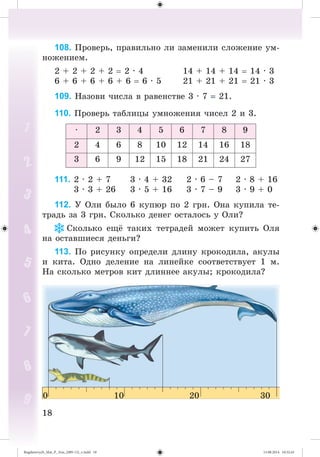 1818
108. Ïðîâåðü, ïðàâèëüíî ëè çàìåíèëè ñëîæåíèå óì-
íîæåíèåì.
2 + 2 + 2 + 2 2 · 4 14 + 14 + 14 14 · 3
6 + 6 + 6 + 6 + 6 6 · 5 21 + 21 + 21 21 · 3
109. Íàçîâè ÷èñëà â ðàâåíñòâå 3 · 7 21.
110. Ïðîâåðü òàáëèöû óìíîæåíèÿ ÷èñåë 2 è 3.
· 2 3 4 5 6 7 8 9
2 4 6 8 10 12 14 16 18
3 6 9 12 15 18 21 24 27
111. 2 · 2 + 7 3 · 4 + 32 2 · 6 – 7 2 · 8 + 16
3 · 3 + 26 3 · 5 + 16 3 · 7 – 9 3 · 9 + 0
112. Ó Îëè áûëî 6 êóïþð ïî 2 ãðí. Îíà êóïèëà òå-
òðàäü çà 3 ãðí. Ñêîëüêî äåíåã îñòàëîñü ó Îëè?
Ñêîëüêî åù òàêèõ òåòðàäåé ìîæåò êóïèòü Îëÿ
íà îñòàâøèåñÿ äåíüãè?
113. Ïî ðèñóíêó îïðåäåëè äëèíó êðîêîäèëà, àêóëû
è êèòà. Îäíî äåëåíèå íà ëèíåéêå ñîîòâåòñòâóåò 1 ì.
Íà ñêîëüêî ìåòðîâ êèò äëèííåå àêóëû; êðîêîäèëà?
Bogdanovych_Mat_P_3rus_(089-13)_v.indd 18 13.08.2014 10:32:43
 