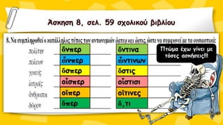 ὅνπερ
Άσκηση 8, σελ. 59 σχολικού βιβλίου
ὅντινα
ὧνπερ ὧντινων
ὅσπερ ὅστις
οἷσπερ οἷστισι
οἵπερ οἵτινες
ὅπερ ὅ,τι
Πτώμα έχω γίνει με
τόσες ασκήσεις!!!
 