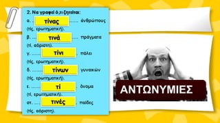 τίνας
τινά
τίνι
τίνων
τί
τινές
ΑΝΤΩΝΥΜΙΕΣ
 