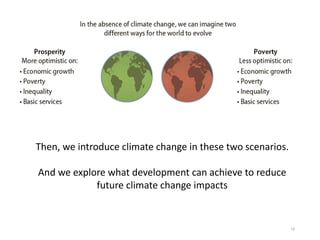 14
Then, we introduce climate change in these two scenarios.
And we explore what development can achieve to reduce
future climate change impacts
 