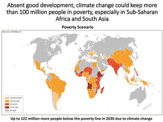 Absent good development, climate change could keep more
than 100 million people in poverty, especially in Sub-Saharan
Africa and South Asia
Up to 122 million more people below the poverty line in 2030 due to climate change
Poverty Scenario
 