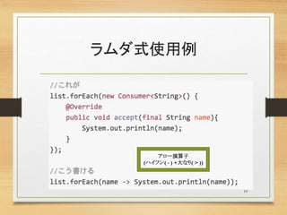 ラムダ式使用例
19
アロー演算子
(ハイフン( - ) +大なり( > ))
 