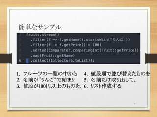 7
1. フルーツの一覧の中から
2. 名前が”りんご“で始まり
3. 値段が100円以上のものを、
4. 値段順で並び替えたものを
5. 名前だけ取り出して、
6. リスト作成する
簡単なサンプル
 
