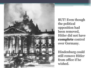 BUT! Even though
the political
opposition had
been removed,
Hitler did not have
complete control
over Germany.
Hindenburg could
still remove Hitler
from office if he
wished.
 