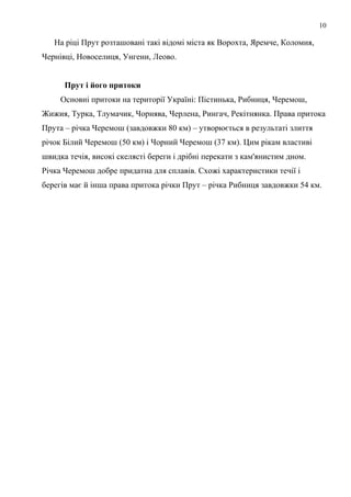 10
На ріці Прут розташовані такі відомі міста як Ворохта, Яремче, Коломия,
Чернівці, Новоселиця, Унгени, Леово.
Прут і його притоки
Основні притоки на території Україні: Пістинька, Рибниця, Черемош,
Жижия, Турка, Тлумачик, Чорнява, Черлена, Рингач, Рекітнянка. Права притока
Прута – річка Черемош (завдовжки 80 км) – утворюється в результаті злиття
річок Білий Черемош (50 км) і Чорний Черемош (37 км). Цим рікам властиві
швидка течія, високі скелясті береги і дрібні перекати з кам'янистим дном.
Річка Черемош добре придатна для сплавів. Схожі характеристики течії і
берегів має й інша права притока річки Прут – річка Рибниця завдовжки 54 км.
 