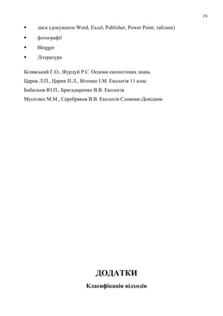 19
 диск (документи Word, Excel, Publisher, Power Point, таблиці)
 фотографії
 Blogger
 Література
Білявський Г.О., Фурдуй Р.С. Основи екологічних знань
Царик Л.П., Царик П.Л., Вітенко І.М. Екологія 11 клас
Бобильов Ю.П., Бригадиренко В.В. Екологія
Мусієнко М.М., Серебряков В.В. Екологія Словник-Довідник
ДОДАТКИ
Класифікація відходів
 
