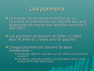 Les poumonsLes poumons
 La trachée se divise en bronches qui seLa trachée se divise en bronches qui se
ramifient en bronchioles qui mènent aux sacsramifient en bronchioles qui mènent aux sacs
alvéolaires et ensuite aux alvéoles (environ 3alvéolaires et ensuite aux alvéoles (environ 3
000 000).000 000).
 Les poumons se divisent en lobes (3 lobesLes poumons se divisent en lobes (3 lobes
pour le droit et 2 lobes pour le gauche).pour le droit et 2 lobes pour le gauche).
 Chaque poumon est couvert de deuxChaque poumon est couvert de deux
membranes :membranes :
 membrane (plèvre) viscérale; qui est interne (fixé contre lemembrane (plèvre) viscérale; qui est interne (fixé contre le
poumon)poumon)
 membrane (plèvre) pariétale; qui est externe (fixé contremembrane (plèvre) pariétale; qui est externe (fixé contre
la paroi de la cage thoracique)la paroi de la cage thoracique)
 