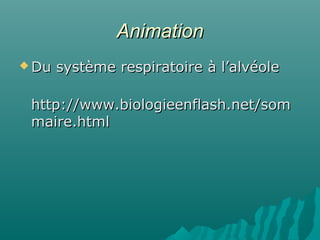 AnimationAnimation
 Du système respiratoire à l’alvéoleDu système respiratoire à l’alvéole
http://www.biologieenflash.net/somhttp://www.biologieenflash.net/som
maire.htmlmaire.html
 
