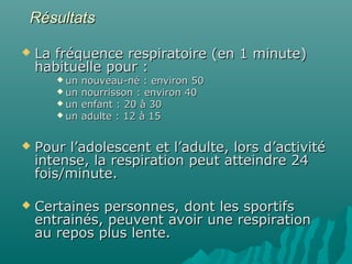 RésultatsRésultats
 La fréquence respiratoire (en 1 minute)La fréquence respiratoire (en 1 minute)
habituelle pour :habituelle pour :
 un nouveau-né : environ 50un nouveau-né : environ 50
 un nourrisson : environ 40un nourrisson : environ 40
 un enfant : 20 à 30un enfant : 20 à 30
 un adulte : 12 à 15un adulte : 12 à 15
 Pour l’adolescent et l’adulte, lors d’activitéPour l’adolescent et l’adulte, lors d’activité
intense, la respiration peut atteindre 24intense, la respiration peut atteindre 24
fois/minute.fois/minute.
 Certaines personnes, dont les sportifsCertaines personnes, dont les sportifs
entrainés, peuvent avoir une respirationentrainés, peuvent avoir une respiration
au repos plus lente.au repos plus lente.
 