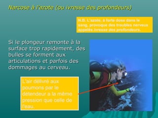 N.B. L'azote, à forte dose dans le
sang, provoque des troubles nerveux
appelés ivresse des profondeurs.
L'air délivré aux
poumons par le
détendeur a la même
pression que celle de
l'eau.
Narcose à l’azote (ou ivresse des profondeurs)Narcose à l’azote (ou ivresse des profondeurs)
Si le plongeur remonte à laSi le plongeur remonte à la
surface trop rapidement, dessurface trop rapidement, des
bulles se forment auxbulles se forment aux
articulations et parfois desarticulations et parfois des
dommages au cerveau.dommages au cerveau.
 