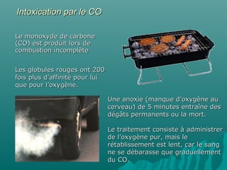 Intoxication par le COIntoxication par le CO
Le monoxyde de carboneLe monoxyde de carbone
(CO) est produit lors de(CO) est produit lors de
combustion incomplètecombustion incomplète
Les globules rouges ont 200Les globules rouges ont 200
fois plus d’affinité pour luifois plus d’affinité pour lui
que pour l’oxygène.que pour l’oxygène.
Une anoxie (manque d’oxygène auUne anoxie (manque d’oxygène au
cerveau) de 5 minutes entraîne descerveau) de 5 minutes entraîne des
dégâts permanents ou la mort.dégâts permanents ou la mort.
Le traitement consiste à administrerLe traitement consiste à administrer
de l’oxygène pur, mais lede l’oxygène pur, mais le
rétablissement est lent, car le sangrétablissement est lent, car le sang
ne se débarasse que graduellementne se débarasse que graduellement
du CO.du CO.
 