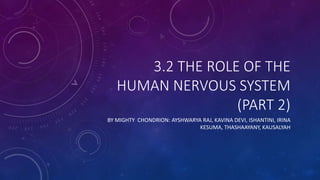 3.2 THE ROLE OF THE
HUMAN NERVOUS SYSTEM
(PART 2)
BY MIGHTY CHONDRION: AYSHWARYA RAJ, KAVINA DEVI, ISHANTINI, IRINA
KESUMA, THASHAAYANY, KAUSALYAH
 