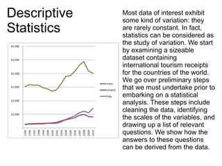 Most data of interest exhibit
some kind of variation: they
are rarely constant. In fact,
statistics can be considered as
the study of variation. We start
by examining a sizeable
dataset containing
international tourism receipts
for the countries of the world.
We go over preliminary steps
that we must undertake prior to
embarking on a statistical
analysis. These steps include
cleaning the data, identifying
the scales of the variables, and
drawing up a list of relevant
questions. We show how the
answers to these questions
can be derived from the data.
Descriptive
Statistics
 