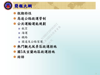 1
簡報大綱
假期特性
高速公路疏運管制
公共運輸運能規劃
航空
海運
鐵路
國道及公路客運
熱門觀光風景區疏運措施
國5及宜蘭地區疏運措施
結語
行
政
院
行
政
院
第
3493次
院
會
會
議
91B8D1F2DF081B12
 