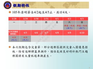 2
105年清明節自4/2起至4/5止，共計4天。
本次假期包含兒童節，部分遊樂區提供兒童入園優惠措
施，除有返鄉掃墓車潮外，預估氣候良好時於熱門主題
樂園將有大量旅遊車潮產生。
假期特性
3/28 3/29 3/30 3/31 4/1 4/2 4/3
一 二 三 四 五 六 日
掃墓、旅遊
(南下)
掃墓、旅遊
(南下)
4/4(兒童節、
清明節)
4/5 4/6 4/7 4/8 4/9 4/10
收假
(北上)
收假
(北上)
行
政
院
行
政
院
第
3493次
院
會
會
議
91B8D1F2DF081B12
 