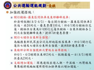 7
加強疏運措施：
開行樹林-羅東區間快車及東部離峰夜車:
於清明假期(4/2~4/5)，每日開行樹林－羅東區間快車3
往返，共24列次，優惠票價100元；於4/1開行樹林往花
蓮、樹林往台東及4/4開行花蓮往樹林、台東往樹林各１
列次自強號離峰夜車，提供7折優惠票價。
開行七堵往台東新自強號：
為服務東部民眾並分流北部地區旅客乘車，於4/1開行花
蓮往七堵及七堵往台東新自強號，提供8折優惠票價。
東線部分新自強號班次實施自由席措施：
於4/1、4/2增開往東部2列次，假期最後一日(4/5)增開
往臺北2列次。
支線增加運能：因應連假出遊人潮，平溪線、內灣線及
集集線將視編組運用情形加掛車廂以增加運能。
公共運輸運能規劃-臺鐵
行
政
院
行
政
院
第
3493次
院
會
會
議
91B8D1F2DF081B12
 