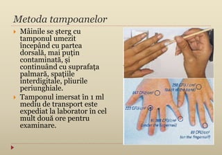 Metoda tampoanelor
 Mâinile se șterg cu
tamponul umezit
începând cu partea
dorsală, mai puțin
contaminată, și
continuând cu suprafața
palmară, spațiile
interdigitale, pliurile
periunghiale.
 Tamponul imersat în 1 ml
mediu de transport este
expediat la laborator în cel
mult două ore pentru
examinare.
 