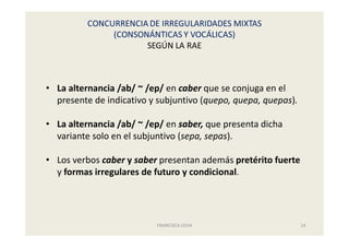FRANCISCA LEIVA 14
• La alternancia /ab/ ~ /ep/ en caber que se conjuga en el
presente de indicativo y subjuntivo (quepo, quepa, quepas).
• La alternancia /ab/ ~ /ep/ en saber, que presenta dicha
variante solo en el subjuntivo (sepa, sepas).
• Los verbos caber y saber presentan además pretérito fuerte
y formas irregulares de futuro y condicional.
 