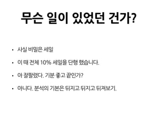 무슨 일이 있었던 건가?
• 사실비밀은세일
• 이때전체10%세일을단행했습니다.
• 아잘팔렸다.기분좋고끝인가?
• 아니다.분석의기본은뒤지고뒤지고뒤져보기.
 