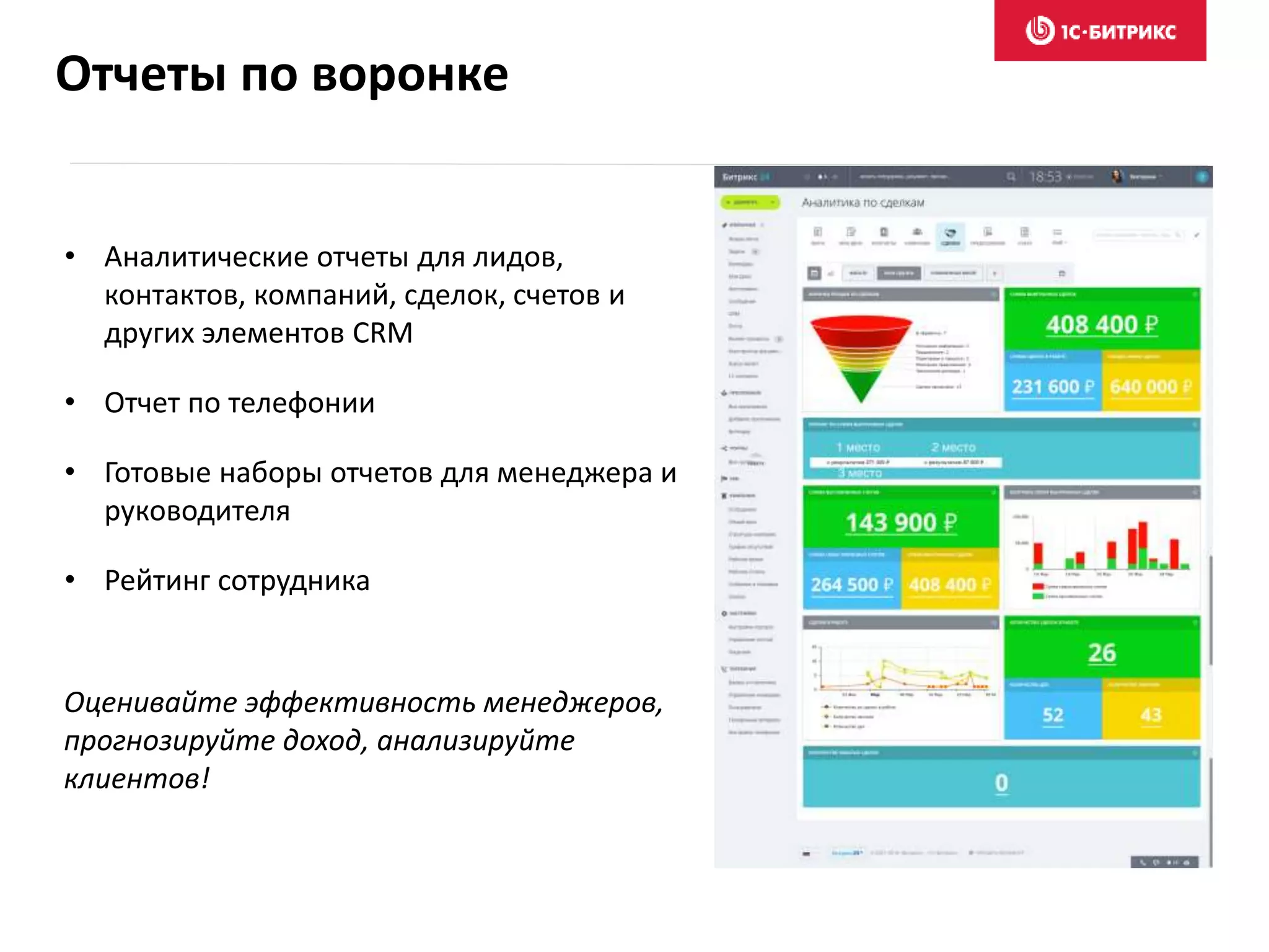 Отчеты по воронке
• Аналитические отчеты для лидов,
контактов, компаний, сделок, счетов и
других элементов CRM
• Отчет по телефонии
• Готовые наборы отчетов для менеджера и
руководителя
• Рейтинг сотрудника
Оценивайте эффективность менеджеров,
прогнозируйте доход, анализируйте
клиентов!
 