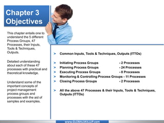 www.GLOBALSKILLUP.com
Chapter 3
Objectives
Common Inputs, Tools & Techniques, Outputs (ITTOs)
Initiating Process Groups - 2 Processes
Planning Process Groups - 24 Processes
Executing Process Groups - 8 Processes
Monitoring & Controlling Process Groups - 11 Processes
Closing Process Groups - 2 Processes
All the above 47 Processes & their Inputs, Tools & Techniques,
Outputs (ITTOs)
This chapter entails one to
understand the 5 different
Process Groups, 47
Processes, their Inputs,
Tools & Techniques,
Outputs.
Detailed understanding
about each of these 47
processes with practical and
theoretical knowledge.
Understand some of the
important concepts of
project management
process groups and
processes with the aid of
samples and examples.
 