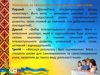 Перший — «Діагностика інтелектуального фонду
колективу». Його мета — виявлення школяра з групи
невпевнених (недостатній рівень інтелектуального
розвитку, трохи лінивий до навчання, але доброзичливий і
покладистий).
Другий — «Вибір інтелектуального спонсора». Мета —
виявлення школяра, який із задоволенням буде ділитися
своїми знаннями з іншими (високий рівень
інтелектуального розвитку, упевнений у своїх силах,
активний і відповідальний).
Третій — «Фіксація результату і його оцінювання». Мета —
створити умови для самовираження та самоствердження
учнів, заохотити до такого виду діяльності інших.
 