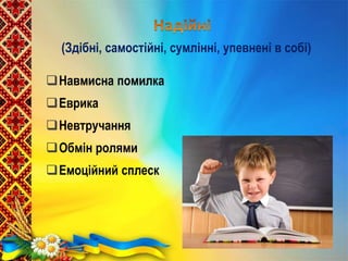 (Здібні, самостійні, сумлінні, упевнені в собі)
Навмисна помилка
Еврика
Невтручання
Обмін ролями
Емоційний сплеск
 